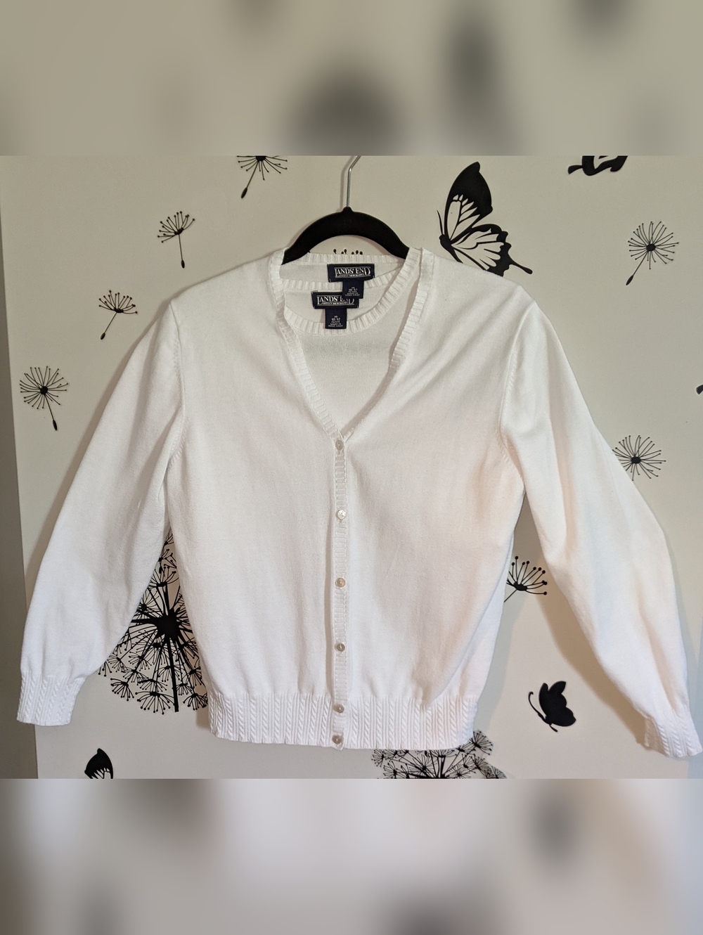 Lands' End White Short-Sleeve Crew Sweater With Cardigan